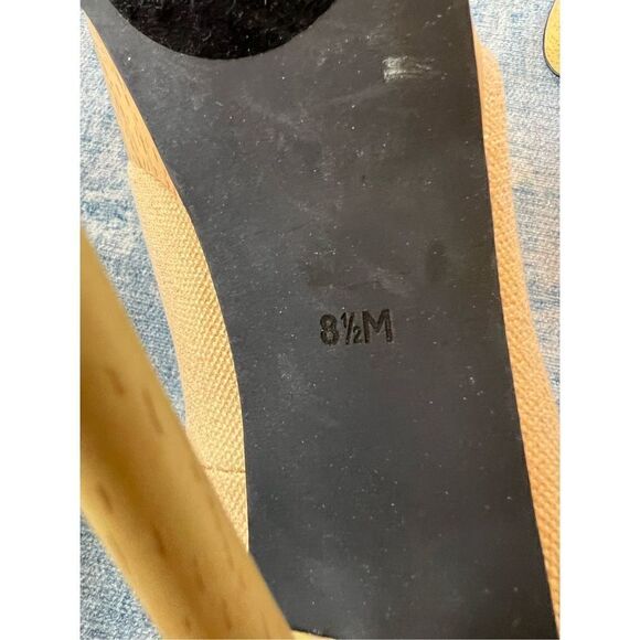 Bebe Yellow Tan Metallic Gold Canvas Platform Peeptoe Stilettos 8.5 - Picture 5 of 12